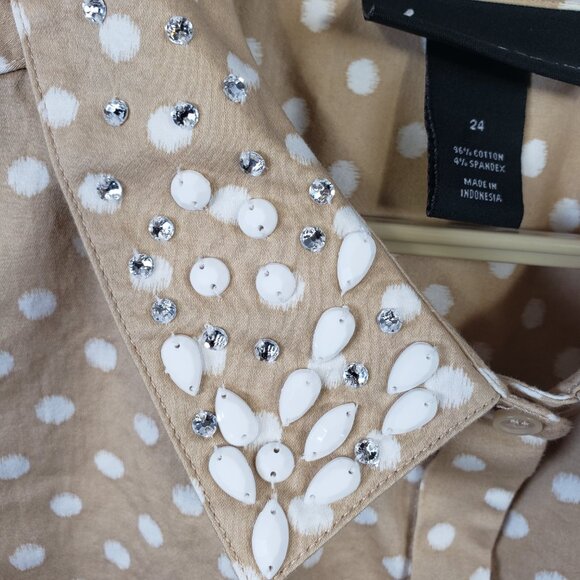 Lane Bryant Size 24 Top Hidden Button Tan White Polka Dot Embellished Shirt/A216 - Picture 5 of 10